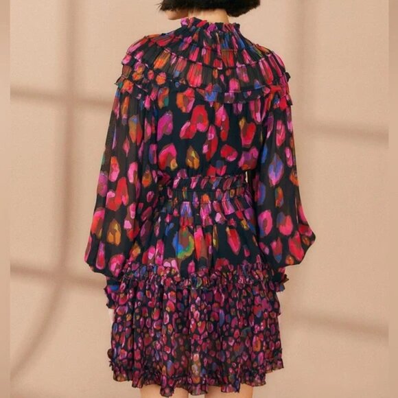 NWT FARM Rio Black Iridescent Leopards‎ Ruffle Mini Dress l Size XS - Picture 3 of 6